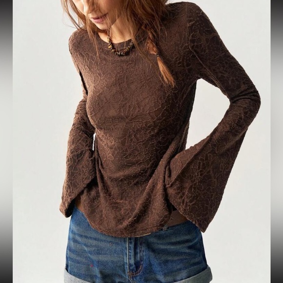 Boho brown lace patchwork bell sleeve top - Picture 12 of 16